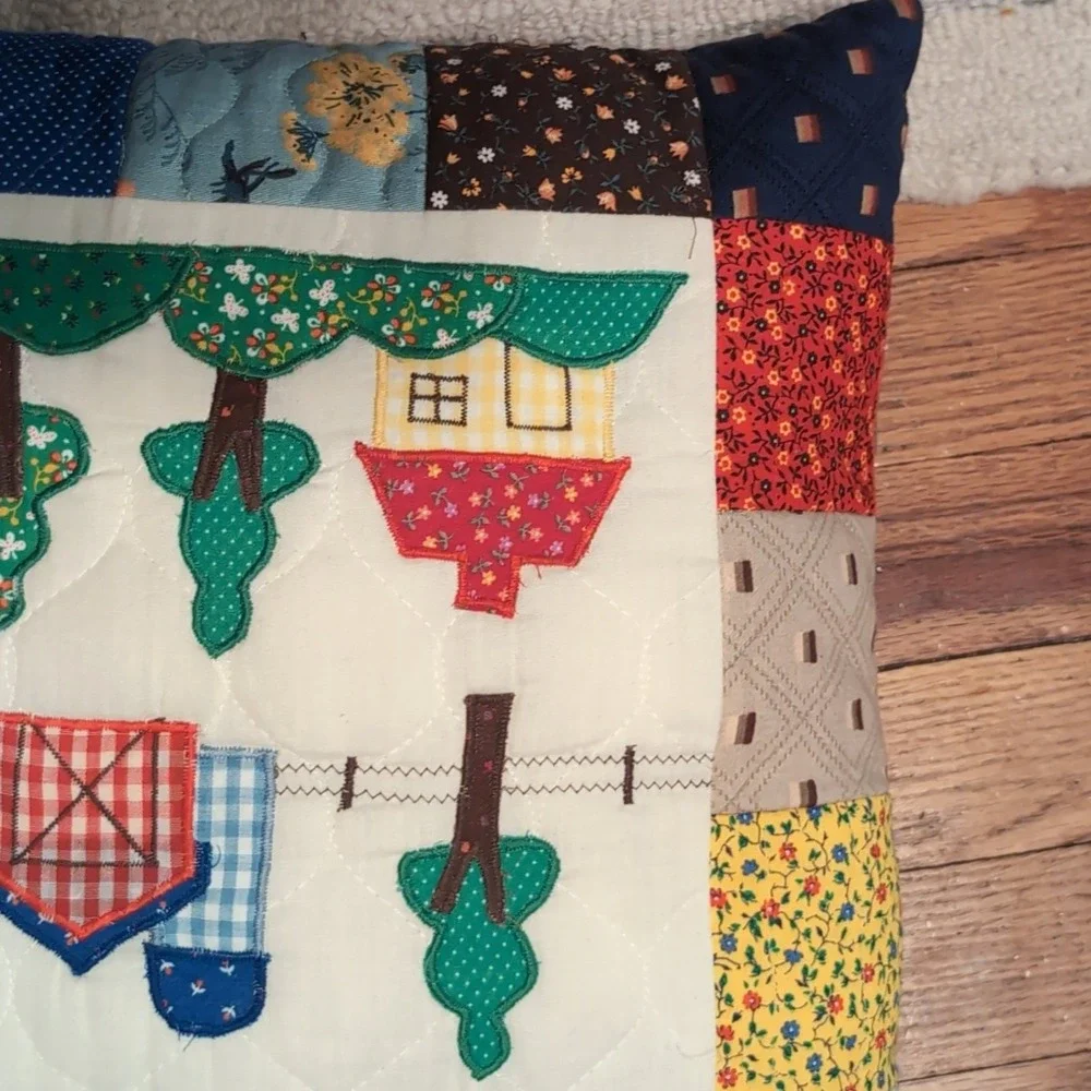 Handmade Quilted Patchwork Farm Scene Decorative Throw Pillow 14x14